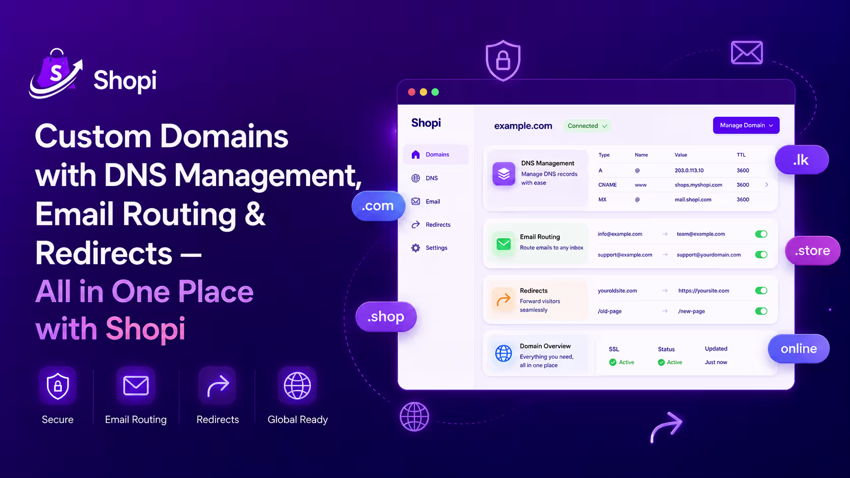 Custom Domains with DNS Management, Email Routing & Redirects — All in One Place with Shopi